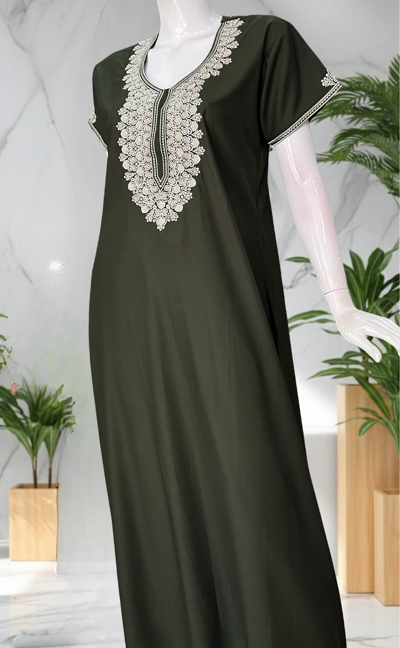 Mehndi Green Embroidery Soft Cotton Nighty. Soft Breathable Fabric | Laces and Frills