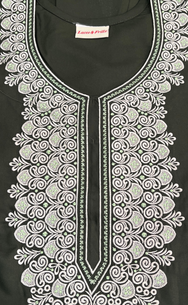 Mehndi Green Embroidery Soft Cotton Nighty. Soft Breathable Fabric | Laces and Frills