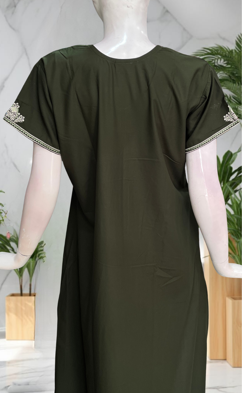 Mehndi Green Embroidery Soft Cotton Nighty. Soft Breathable Fabric | Laces and Frills