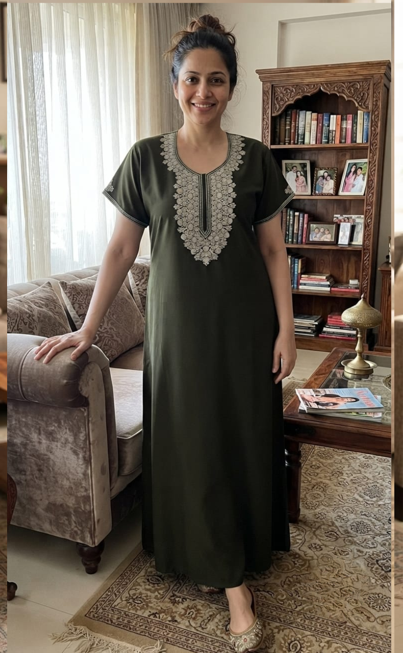 Mehndi Green Embroidery Soft Cotton Nighty. Soft Breathable Fabric | Laces and Frills