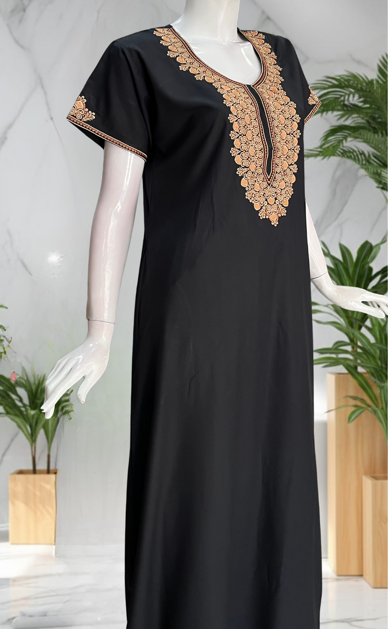 Black Embroidery Soft Cotton Nighty. Soft Breathable Fabric | Laces and Frills