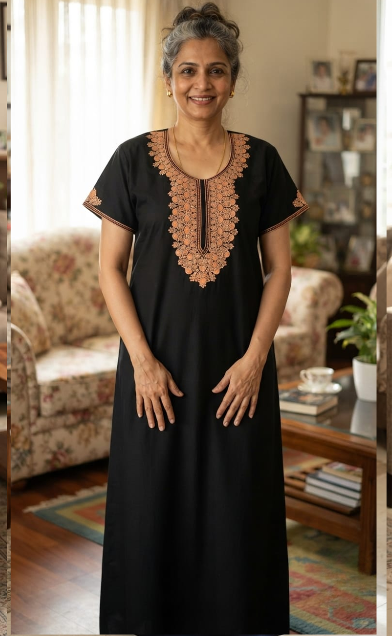 Black Embroidery Soft Cotton Nighty. Soft Breathable Fabric | Laces and Frills