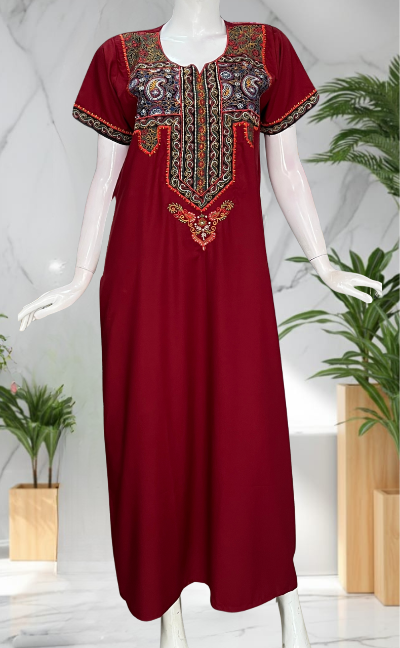 Maroon Bhopali Embroidery Soft Cotton Nighty. Soft Breathable Fabric | Laces and Frills