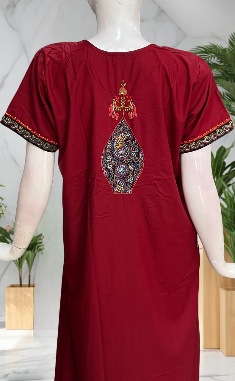 Maroon Bhopali Embroidery Soft Cotton Nighty. Soft Breathable Fabric | Laces and Frills