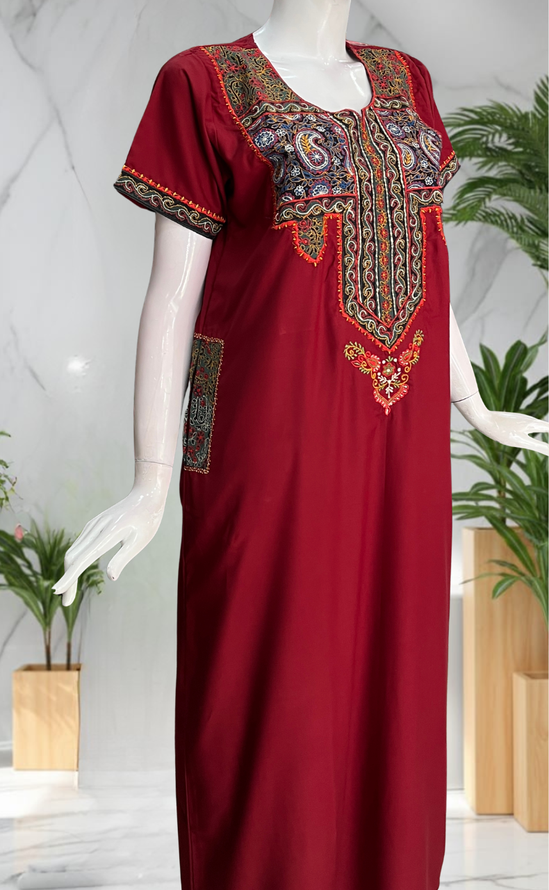 Maroon Bhopali Embroidery Soft Cotton Nighty. Soft Breathable Fabric | Laces and Frills