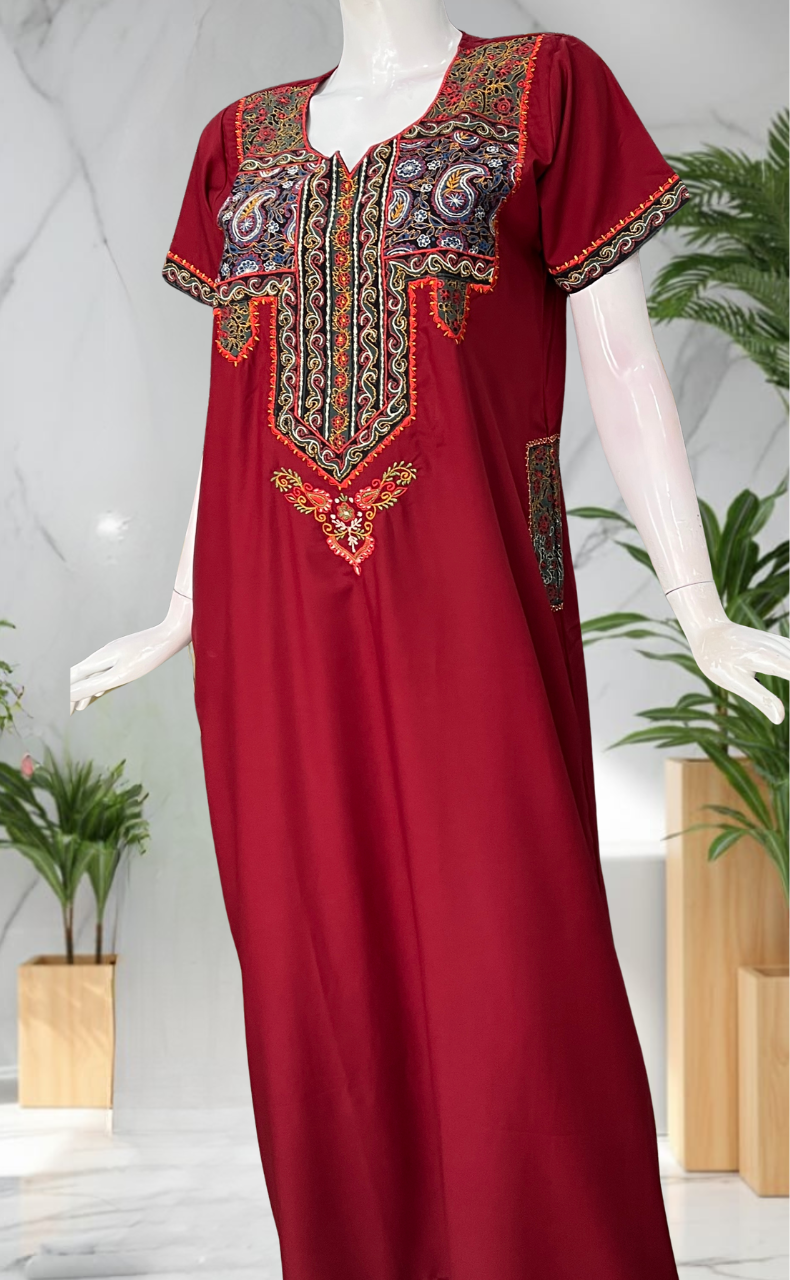 Maroon Bhopali Embroidery Soft Cotton Nighty. Soft Breathable Fabric | Laces and Frills