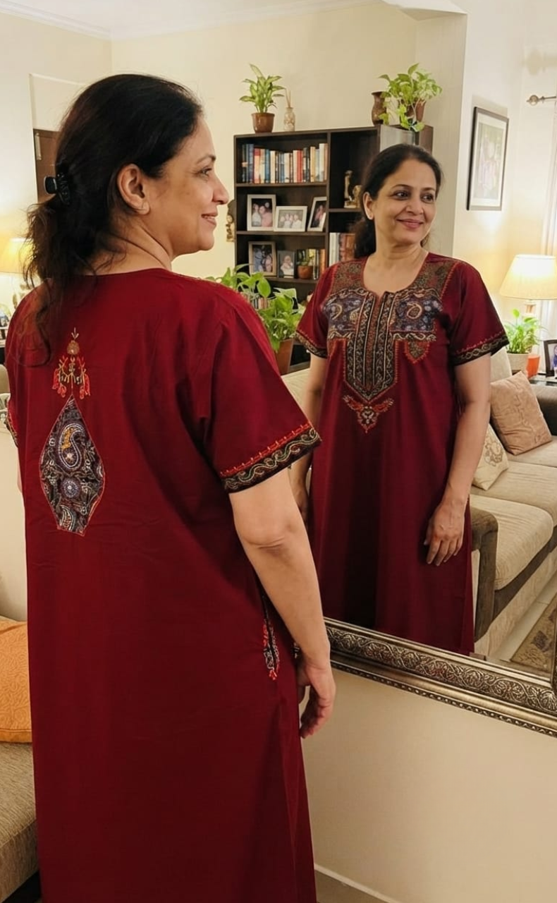 Maroon Bhopali Embroidery Soft Cotton Nighty. Soft Breathable Fabric | Laces and Frills