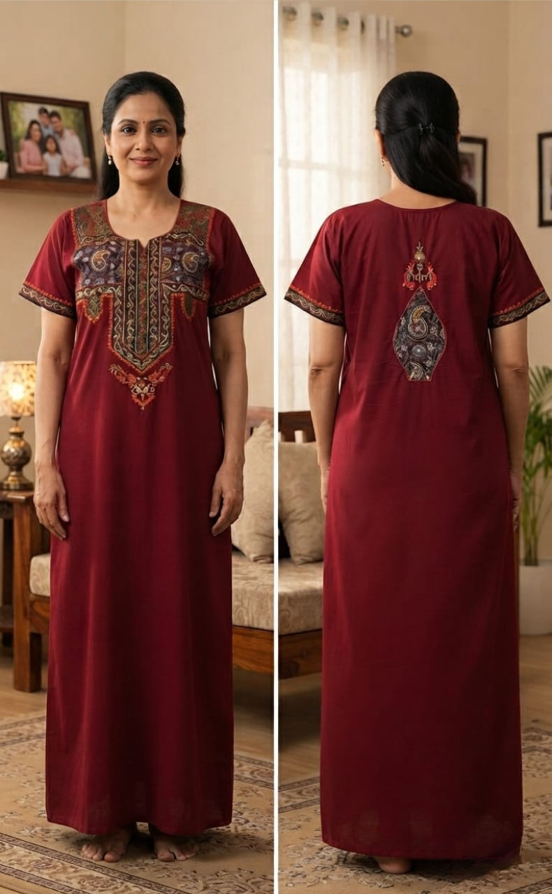 Maroon Bhopali Embroidery Soft Cotton Nighty. Soft Breathable Fabric | Laces and Frills