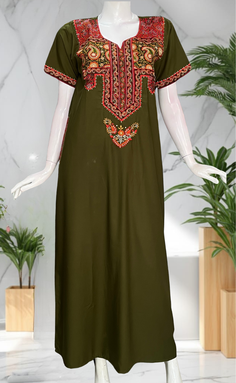 Mehndi Green Bhopali Embroidery Soft Cotton Nighty. Soft Breathable Fabric | Laces and Frills