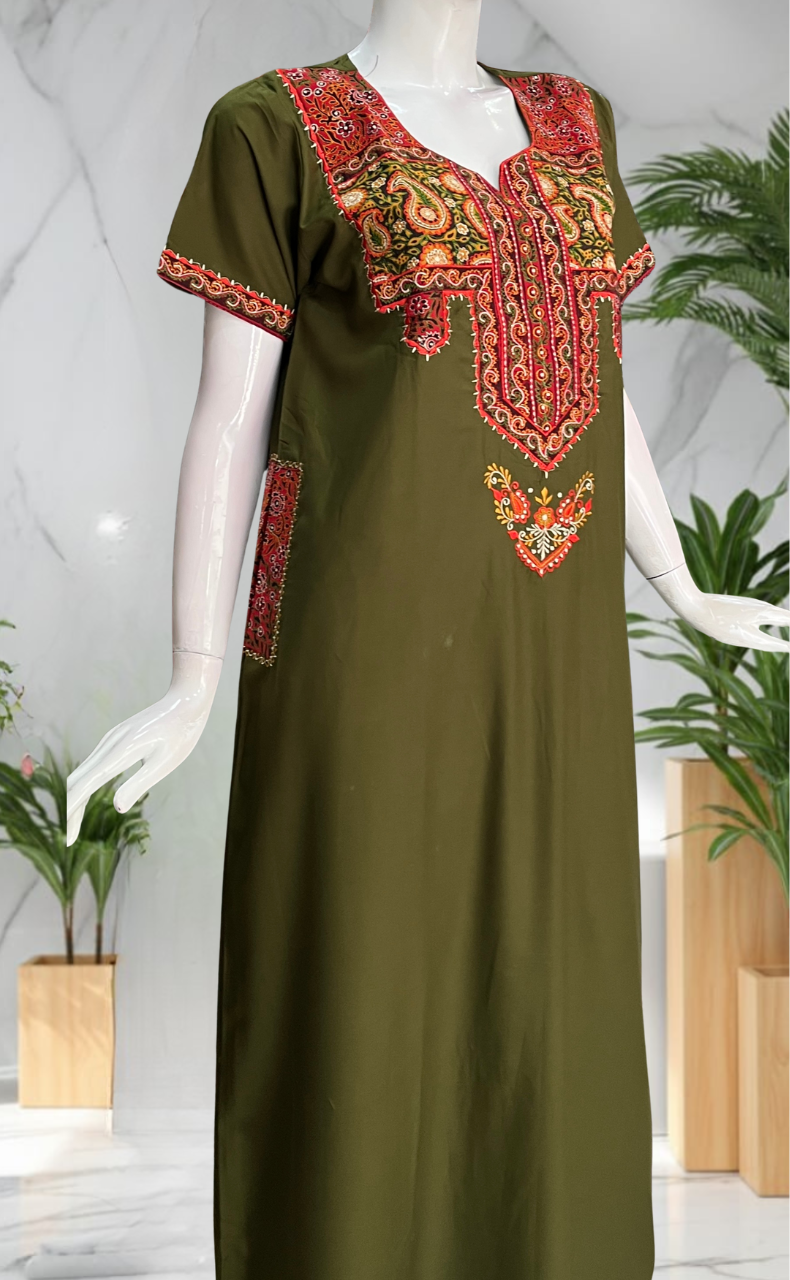 Mehndi Green Bhopali Embroidery Soft Cotton Nighty. Soft Breathable Fabric | Laces and Frills