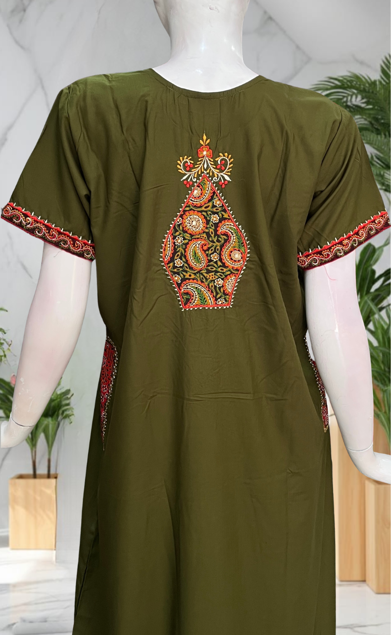 Mehndi Green Bhopali Embroidery Soft Cotton Nighty. Soft Breathable Fabric | Laces and Frills