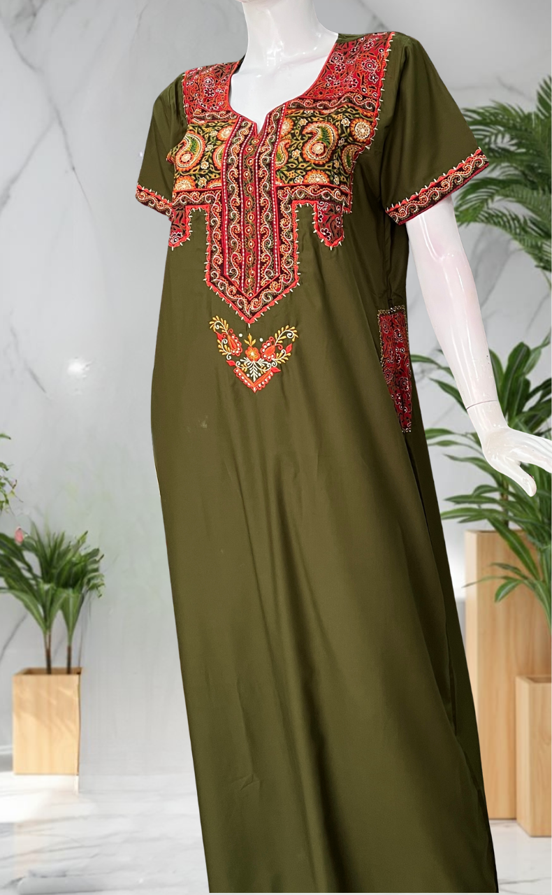 Mehndi Green Bhopali Embroidery Soft Cotton Nighty. Soft Breathable Fabric | Laces and Frills
