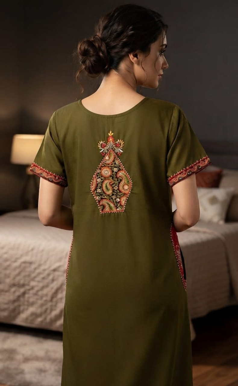 Mehndi Green Bhopali Embroidery Soft Cotton Nighty. Soft Breathable Fabric | Laces and Frills
