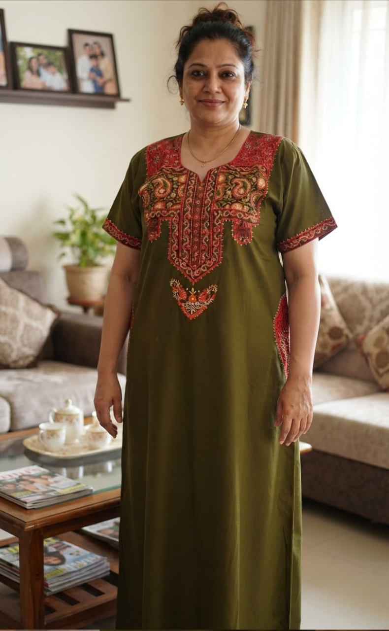 Mehndi Green Bhopali Embroidery Soft Cotton Nighty. Soft Breathable Fabric | Laces and Frills