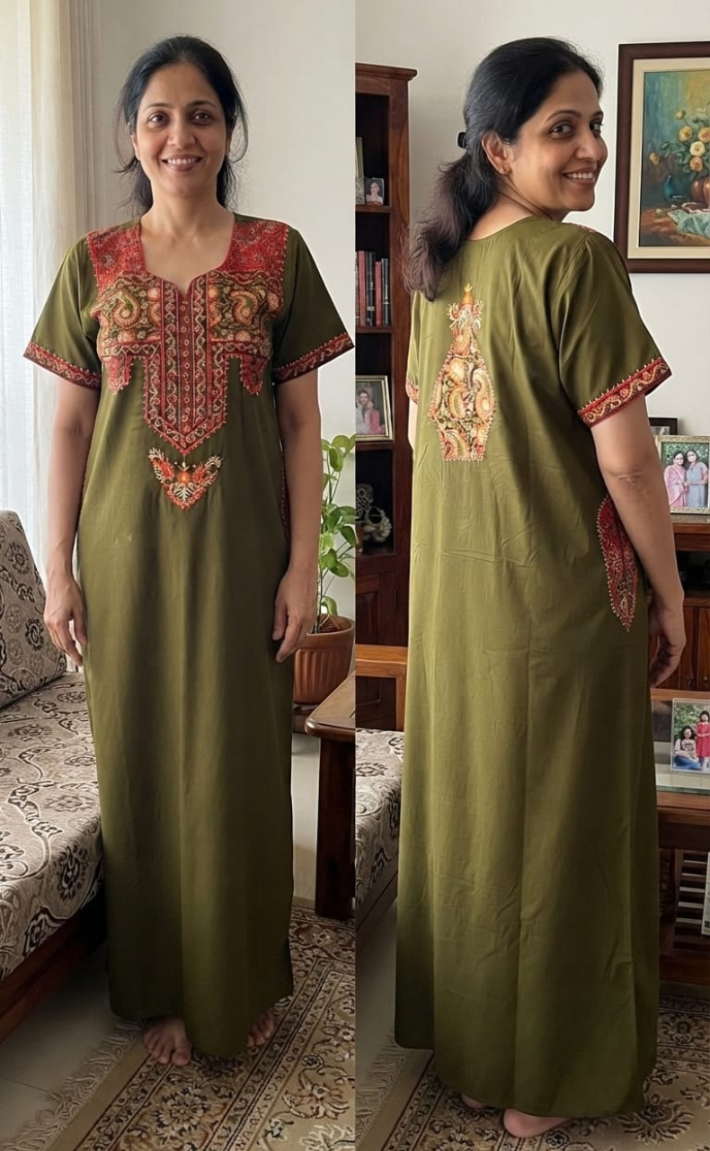 Mehndi Green Bhopali Embroidery Soft Cotton Nighty. Soft Breathable Fabric | Laces and Frills