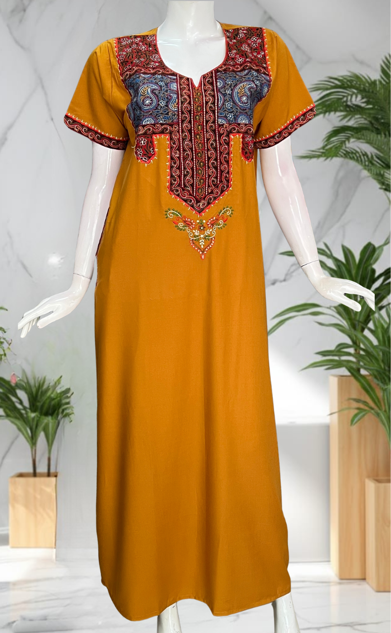 Yellow Bhopali Embroidery Soft Cotton Nighty. Soft Breathable Fabric | Laces and Frills