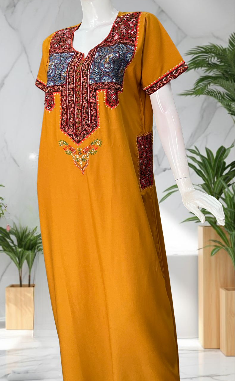 Yellow Bhopali Embroidery Soft Cotton Nighty. Soft Breathable Fabric | Laces and Frills