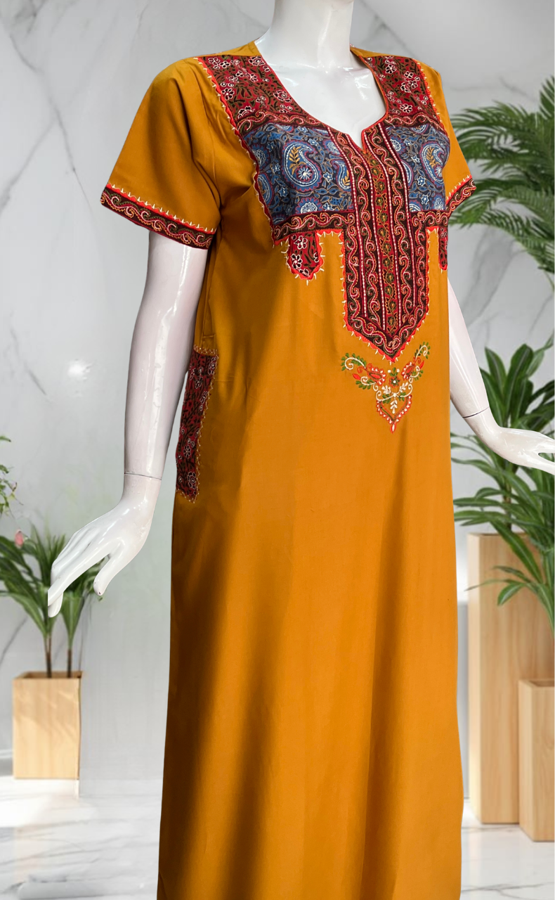 Yellow Bhopali Embroidery Soft Cotton Nighty. Soft Breathable Fabric | Laces and Frills