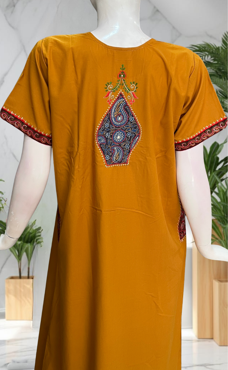Yellow Bhopali Embroidery Soft Cotton Nighty. Soft Breathable Fabric | Laces and Frills