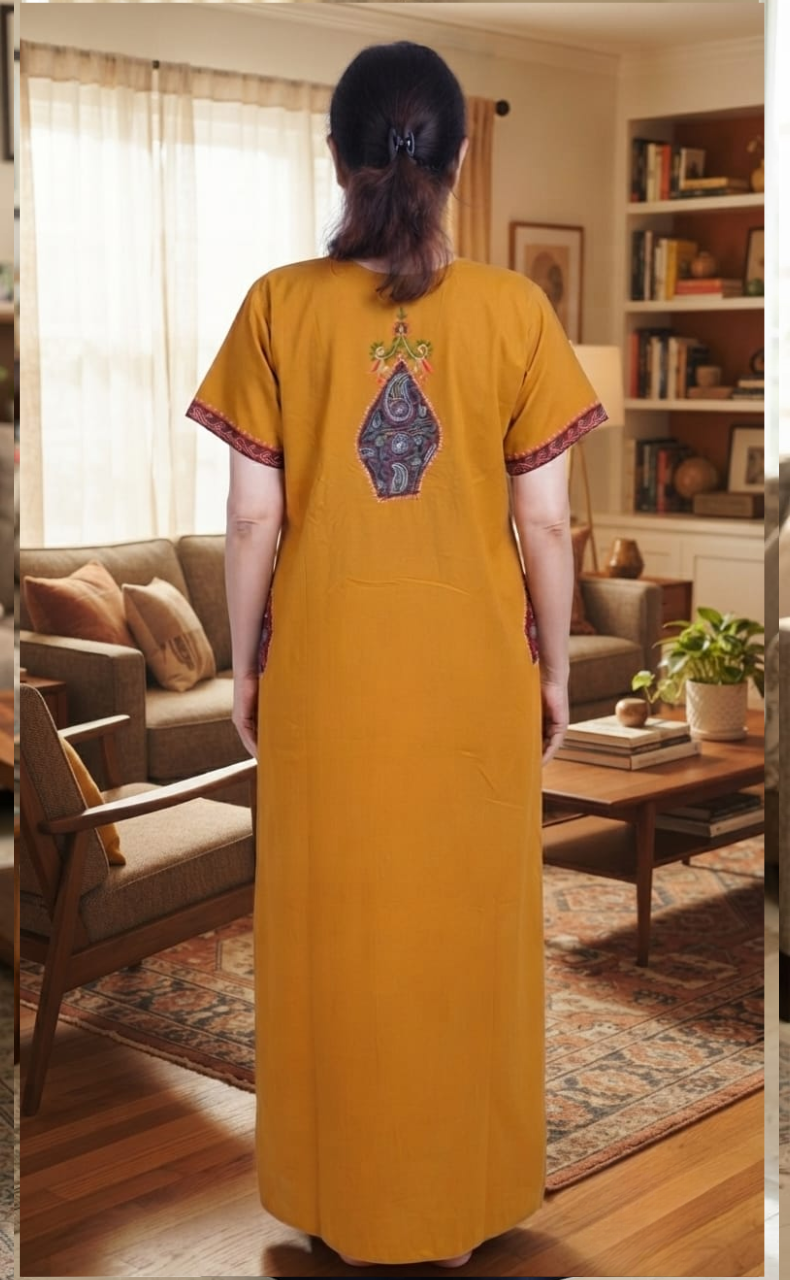 Yellow Bhopali Embroidery Soft Cotton Nighty. Soft Breathable Fabric | Laces and Frills