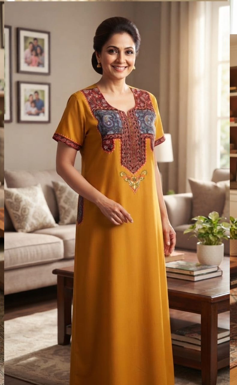 Yellow Bhopali Embroidery Soft Cotton Nighty. Soft Breathable Fabric | Laces and Frills