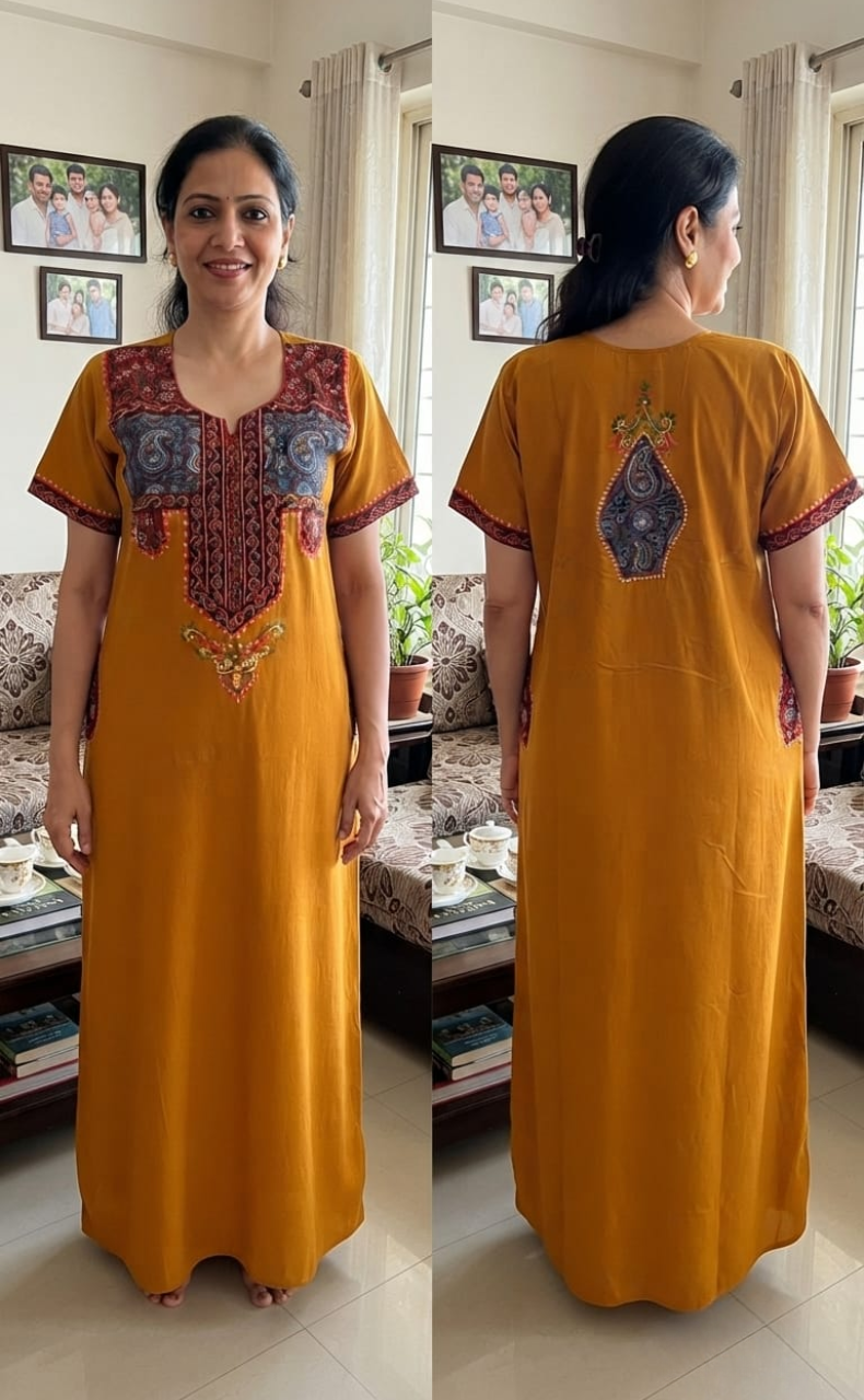 Yellow Bhopali Embroidery Soft Cotton Nighty. Soft Breathable Fabric | Laces and Frills