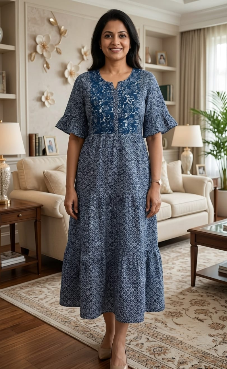 Frock Style Indigo Blue Garden Pure Cotton Nighty . Pure Durable Cotton | Laces and Frills