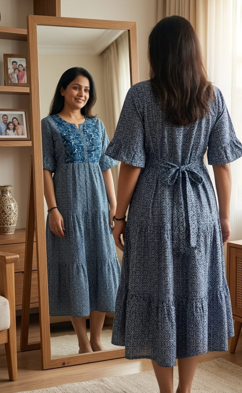 Frock Style Indigo Blue Garden Pure Cotton Nighty . Pure Durable Cotton | Laces and Frills