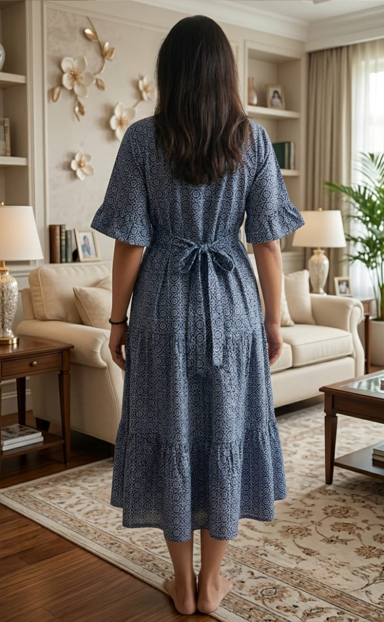 Frock Style Indigo Blue Garden Pure Cotton Nighty . Pure Durable Cotton | Laces and Frills