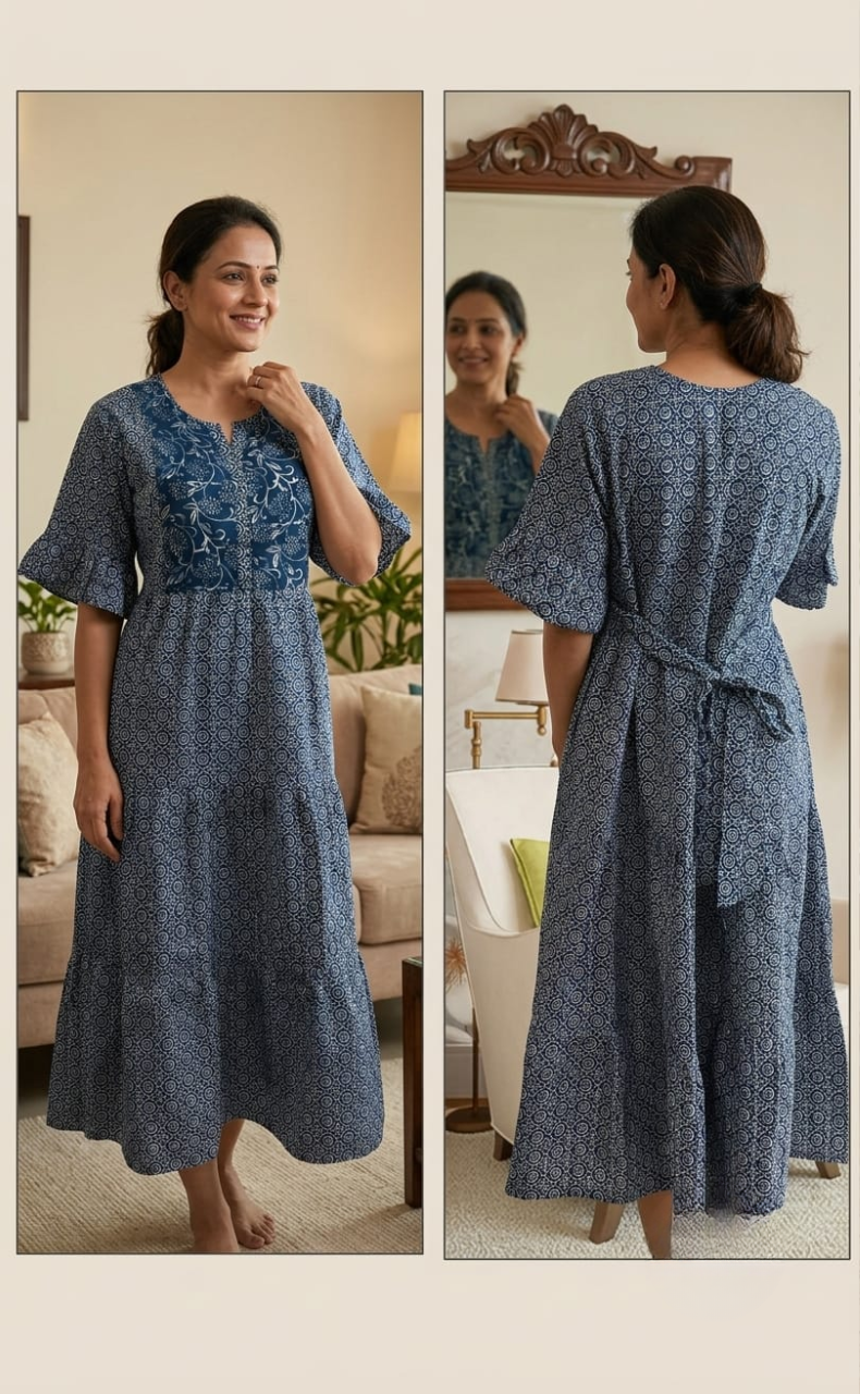Frock Style Indigo Blue Garden Pure Cotton Nighty . Pure Durable Cotton | Laces and Frills