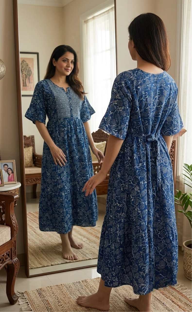 Frock Style Indigo Blue Garden Pure Cotton Nighty . Pure Durable Cotton | Laces and Frills