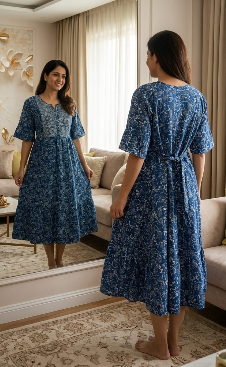 Frock Style Indigo Blue Garden Pure Cotton Nighty . Pure Durable Cotton | Laces and Frills
