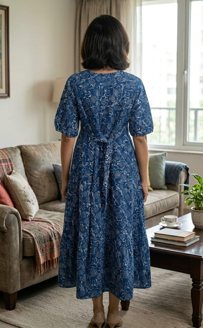 Frock Style Indigo Blue Garden Pure Cotton Nighty . Pure Durable Cotton | Laces and Frills