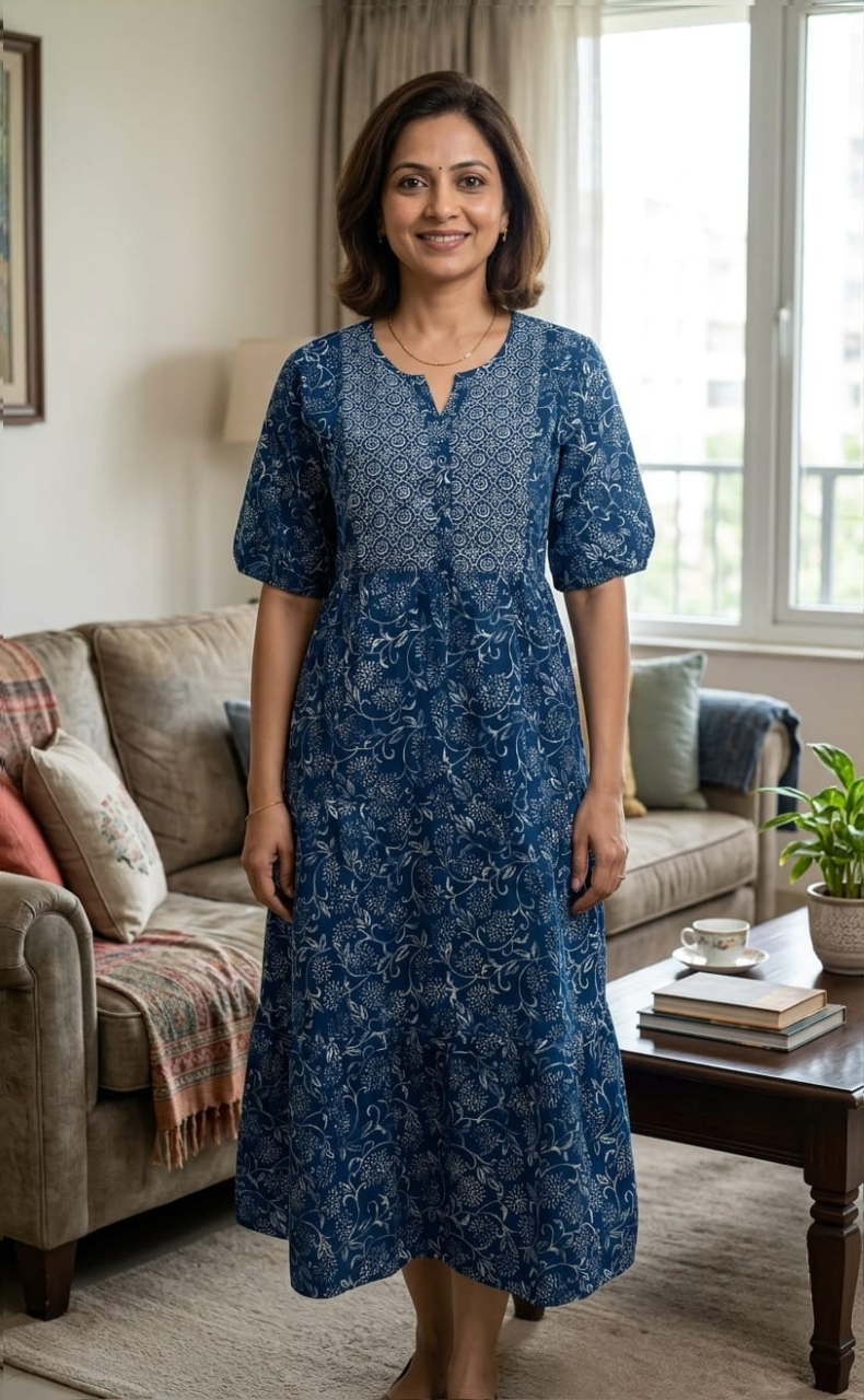 Frock Style Indigo Blue Garden Pure Cotton Nighty . Pure Durable Cotton | Laces and Frills