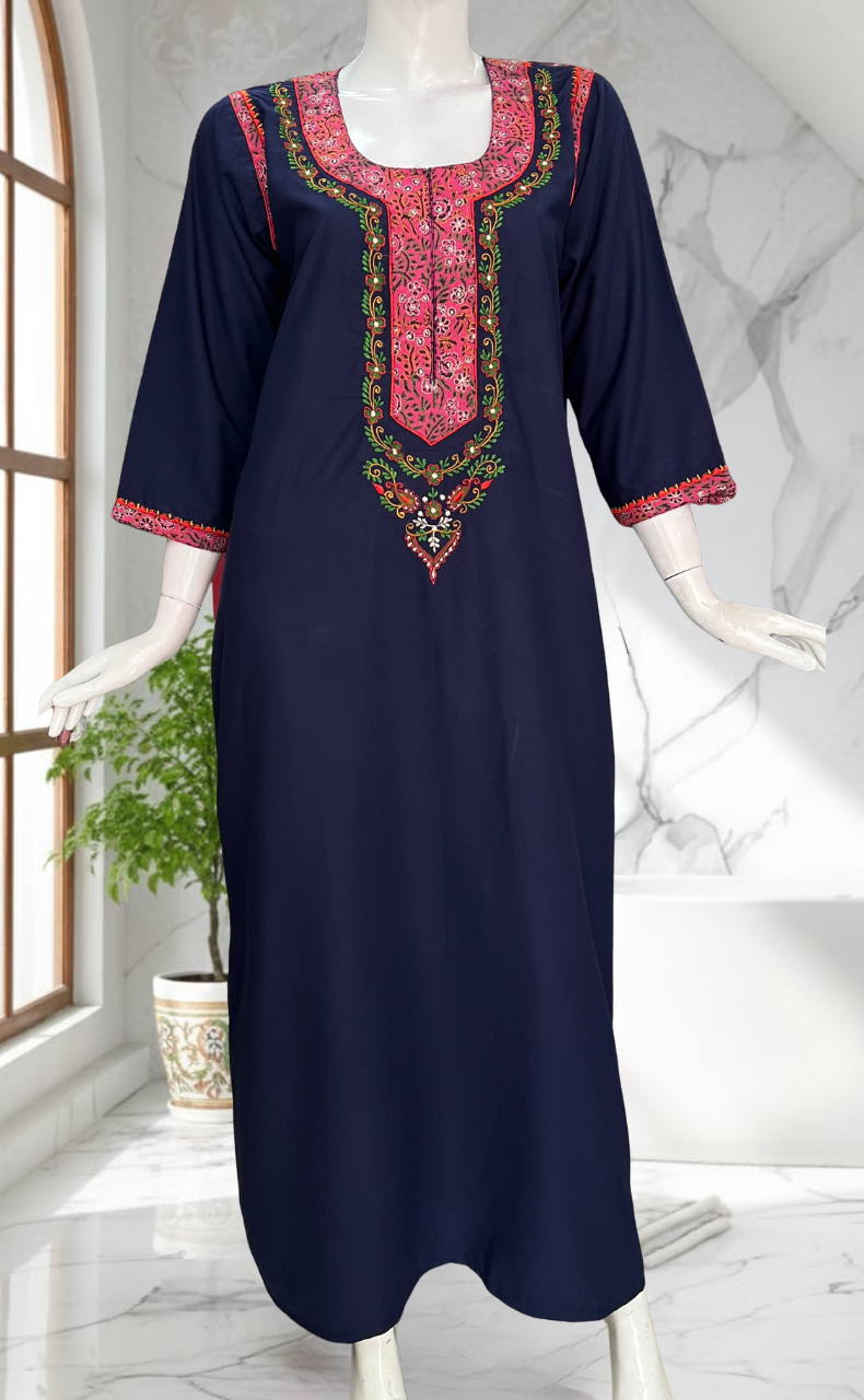 Navy Blue Bhopali Embroidery Soft Cotton Long Sleeves Nighty. Soft Breathable Fabric | Laces and Frills