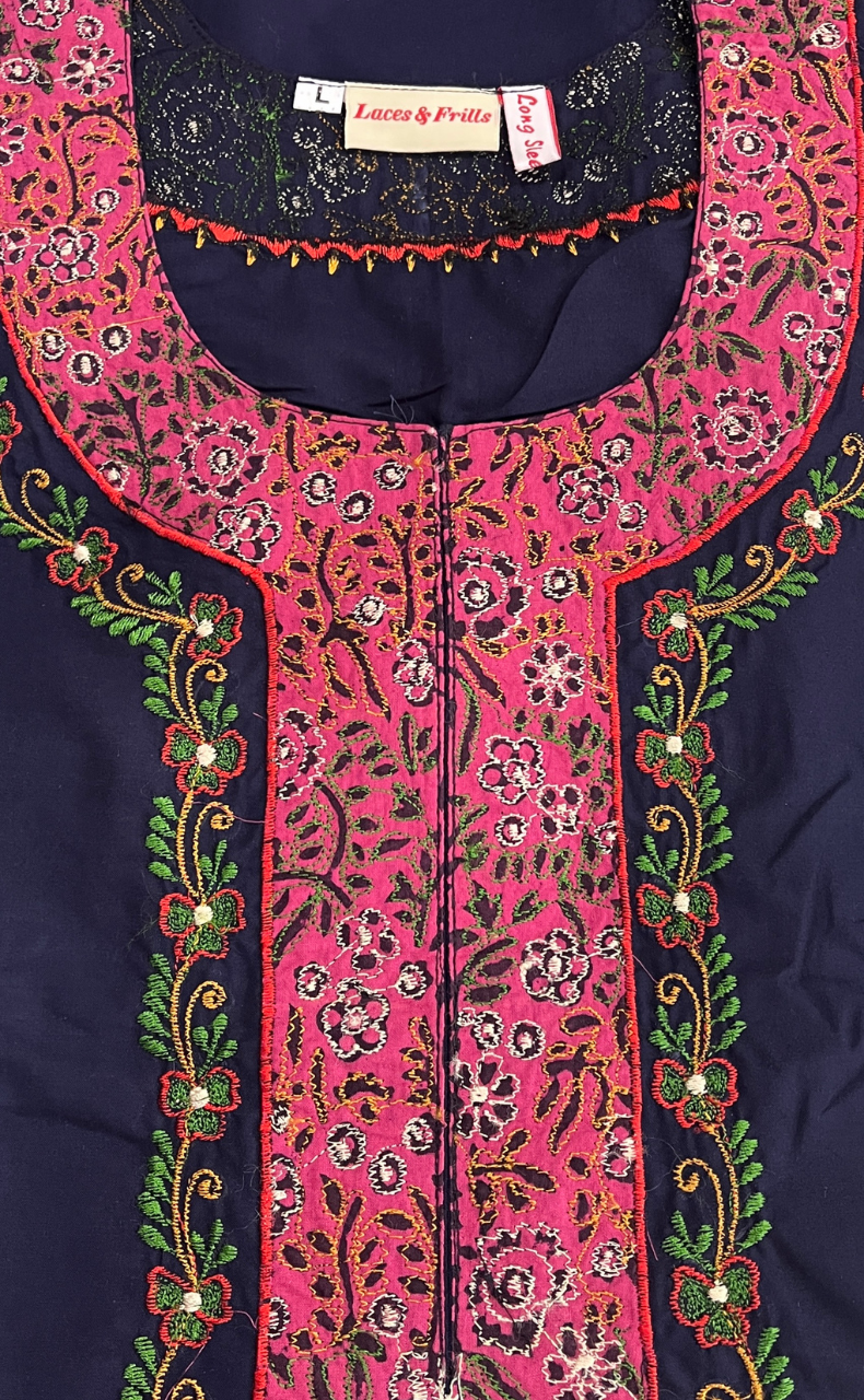 Navy Blue Bhopali Embroidery Soft Cotton Long Sleeves Nighty. Soft Breathable Fabric | Laces and Frills