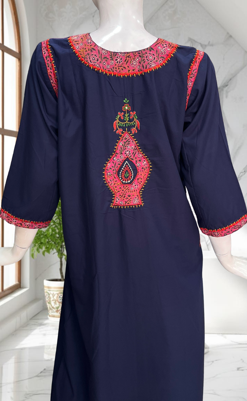 Navy Blue Bhopali Embroidery Soft Cotton Long Sleeves Nighty. Soft Breathable Fabric | Laces and Frills