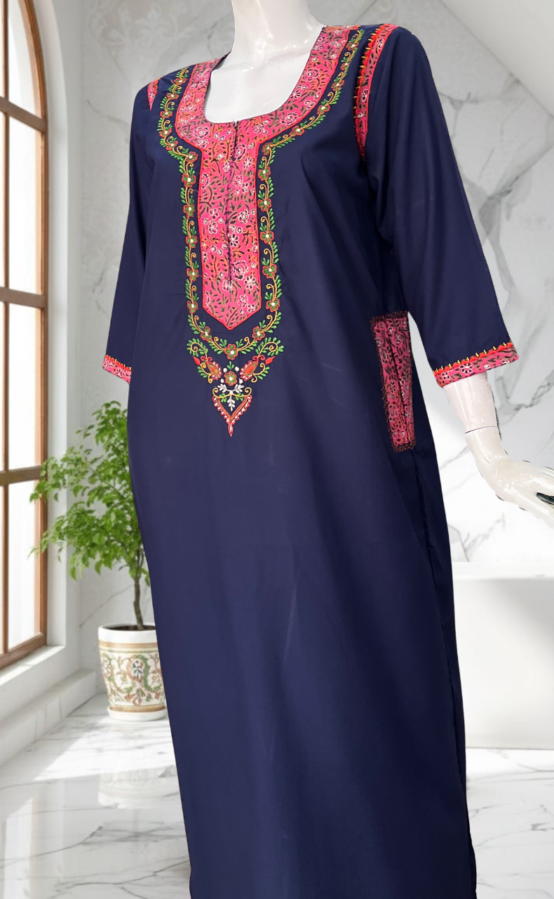 Navy Blue Bhopali Embroidery Soft Cotton Long Sleeves Nighty. Soft Breathable Fabric | Laces and Frills