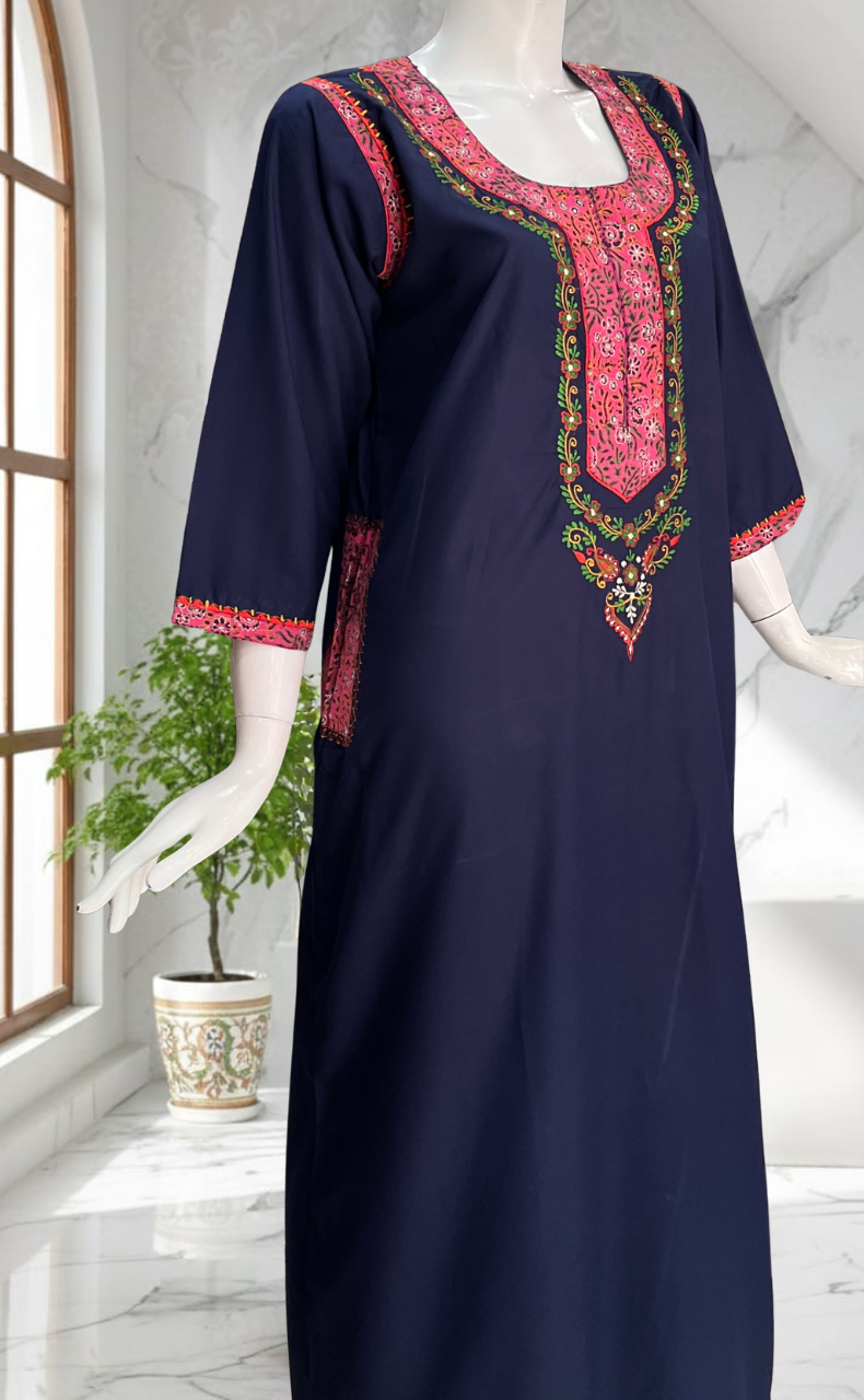 Navy Blue Bhopali Embroidery Soft Cotton Long Sleeves Nighty. Soft Breathable Fabric | Laces and Frills