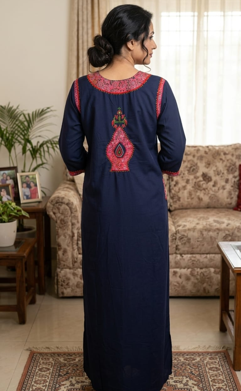 Navy Blue Bhopali Embroidery Soft Cotton Long Sleeves Nighty. Soft Breathable Fabric | Laces and Frills