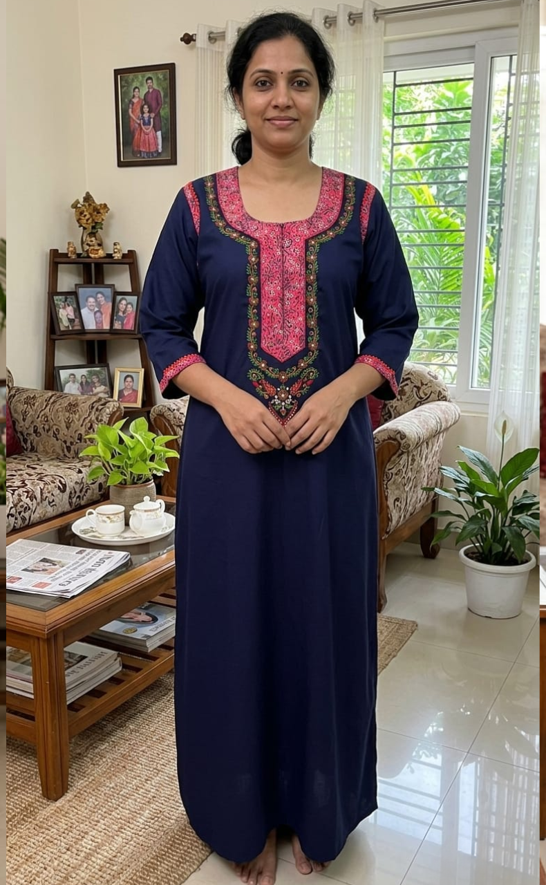 Navy Blue Bhopali Embroidery Soft Cotton Long Sleeves Nighty. Soft Breathable Fabric | Laces and Frills