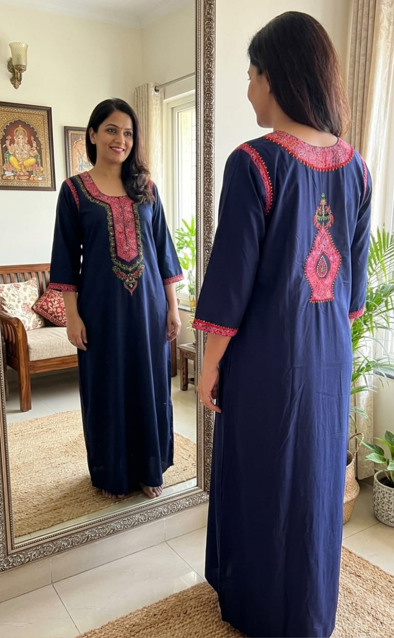 Navy Blue Bhopali Embroidery Soft Cotton Long Sleeves Nighty. Soft Breathable Fabric | Laces and Frills