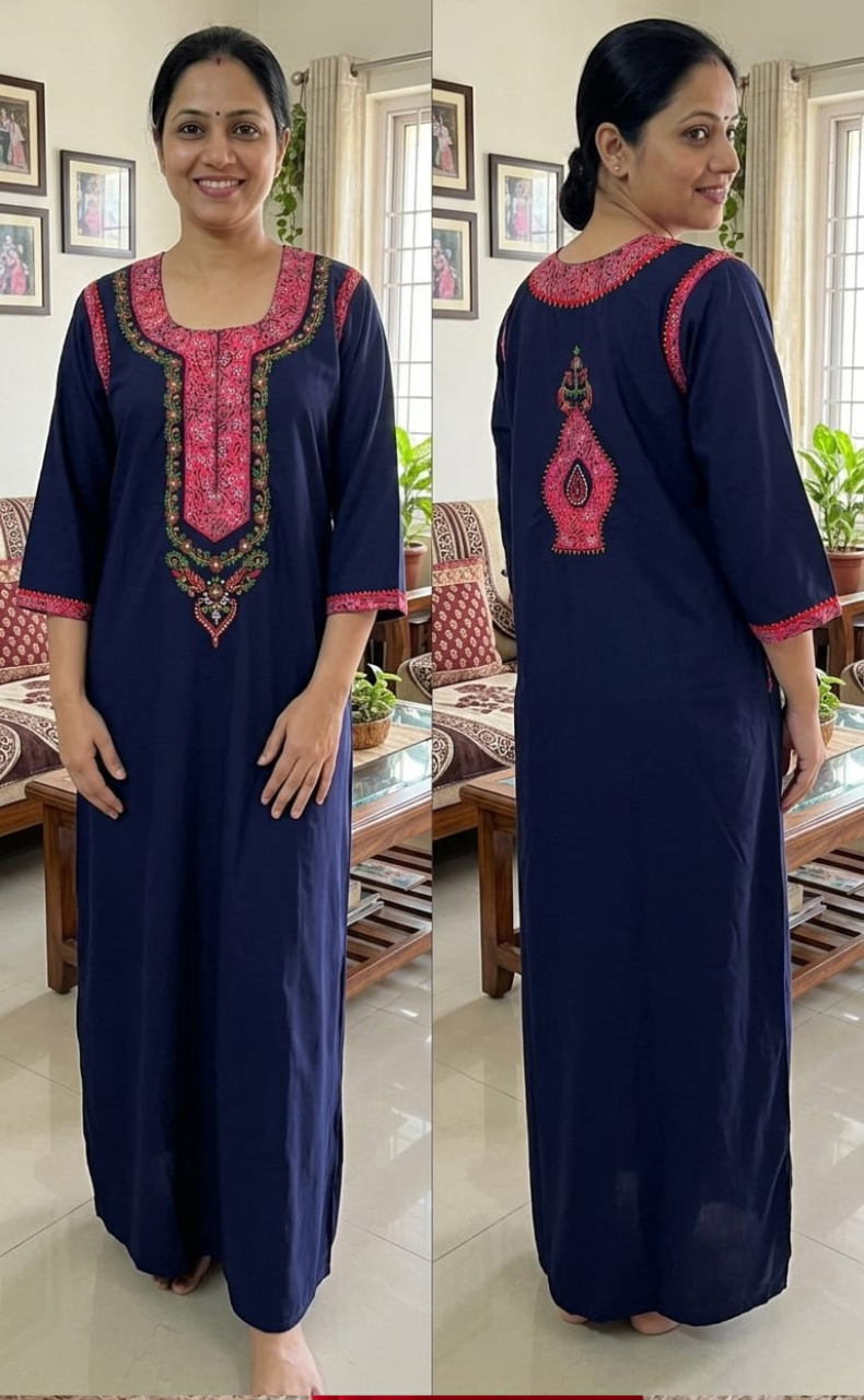 Navy Blue Bhopali Embroidery Soft Cotton Long Sleeves Nighty. Soft Breathable Fabric | Laces and Frills