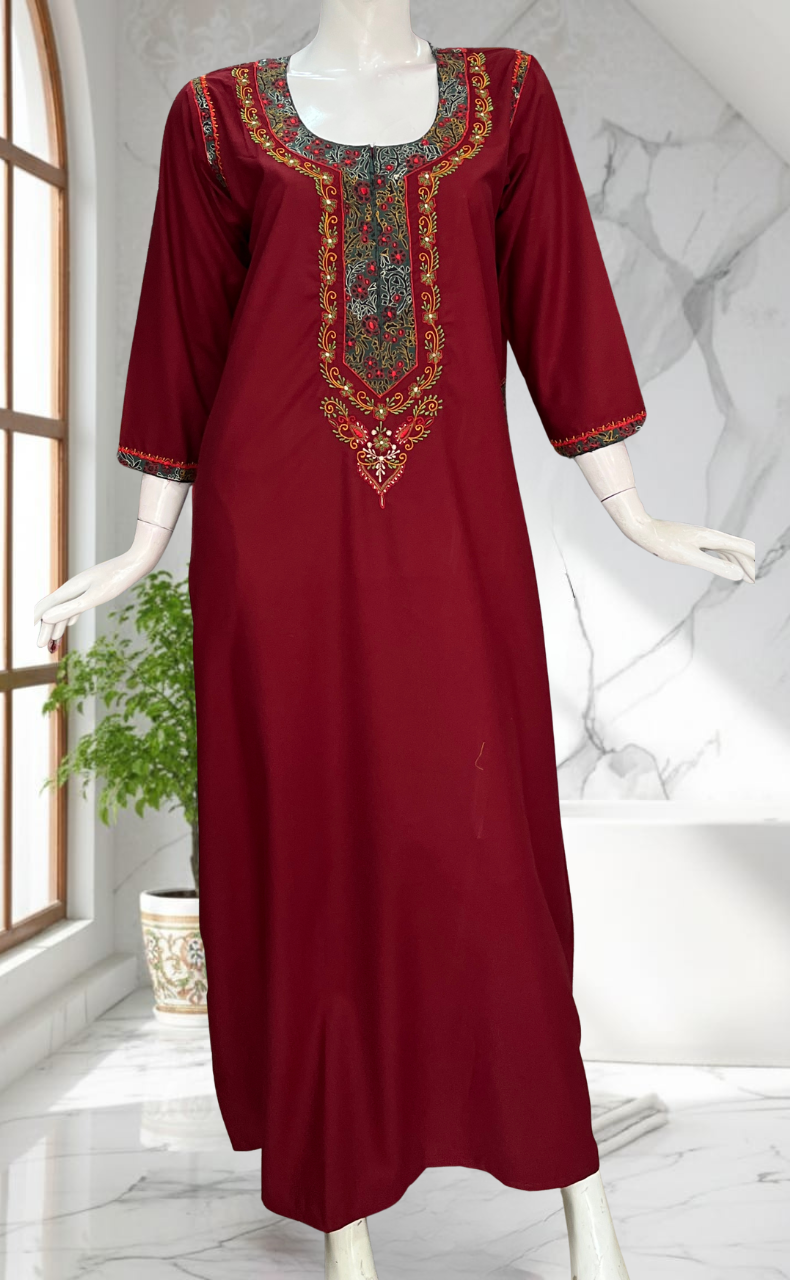 Maroon Bhopali Embroidery Soft Cotton Long Sleeves Nighty. Soft Breathable Fabric | Laces and Frills
