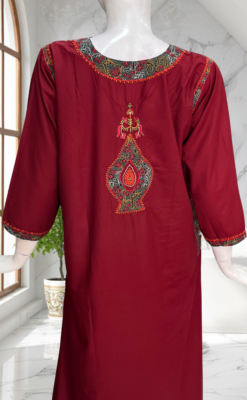 Maroon Bhopali Embroidery Soft Cotton Long Sleeves Nighty. Soft Breathable Fabric | Laces and Frills