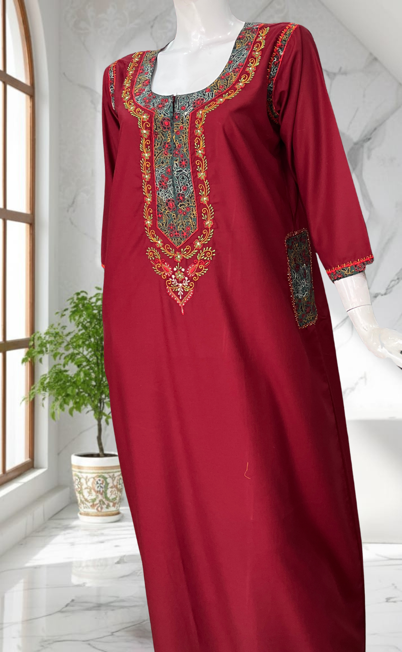 Maroon Bhopali Embroidery Soft Cotton Long Sleeves Nighty. Soft Breathable Fabric | Laces and Frills