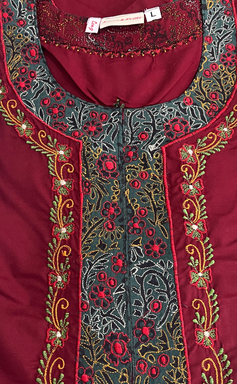 Maroon Bhopali Embroidery Soft Cotton Long Sleeves Nighty. Soft Breathable Fabric | Laces and Frills