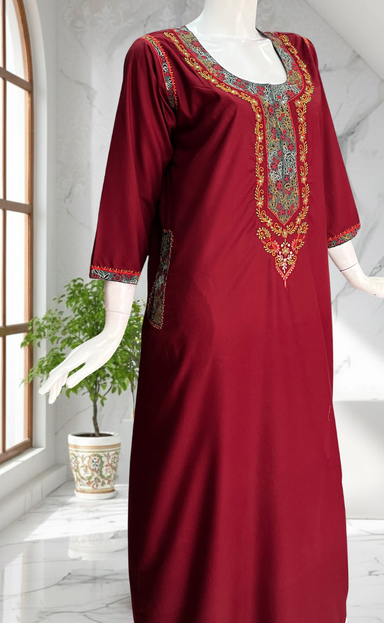 Maroon Bhopali Embroidery Soft Cotton Long Sleeves Nighty. Soft Breathable Fabric | Laces and Frills