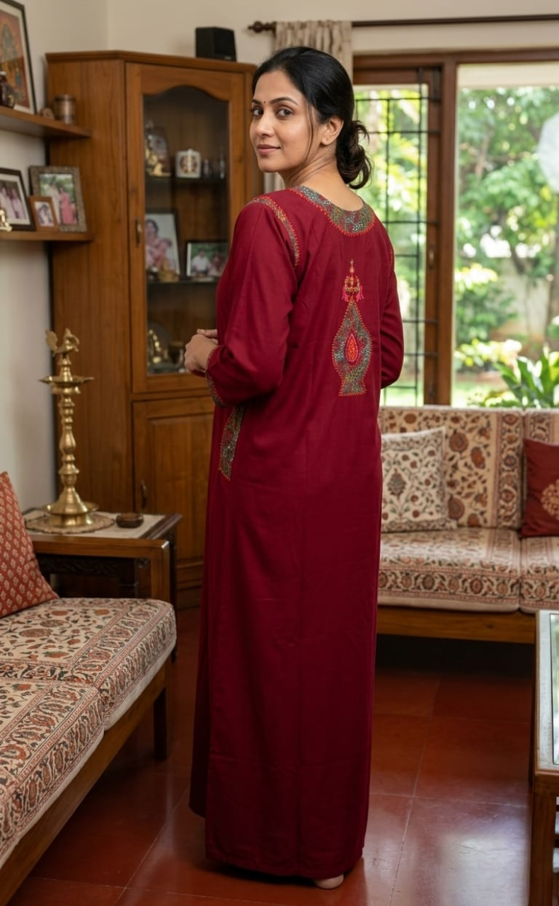 Maroon Bhopali Embroidery Soft Cotton Long Sleeves Nighty. Soft Breathable Fabric | Laces and Frills