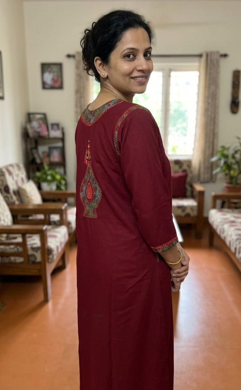 Maroon Bhopali Embroidery Soft Cotton Long Sleeves Nighty. Soft Breathable Fabric | Laces and Frills